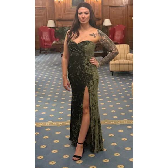 Lulus Olive Velvet Pleated Strapless Classy Sensation Maxi Dress Size S - Picture 11 of 14